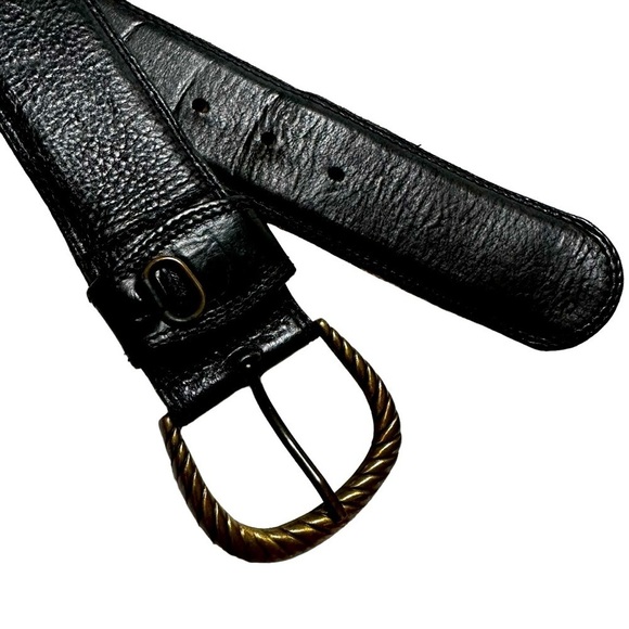 Axcess Made in Italy Genuine Black Leather Wide Waist Belt, Bronze Buckle Medium - Picture 1 of 10